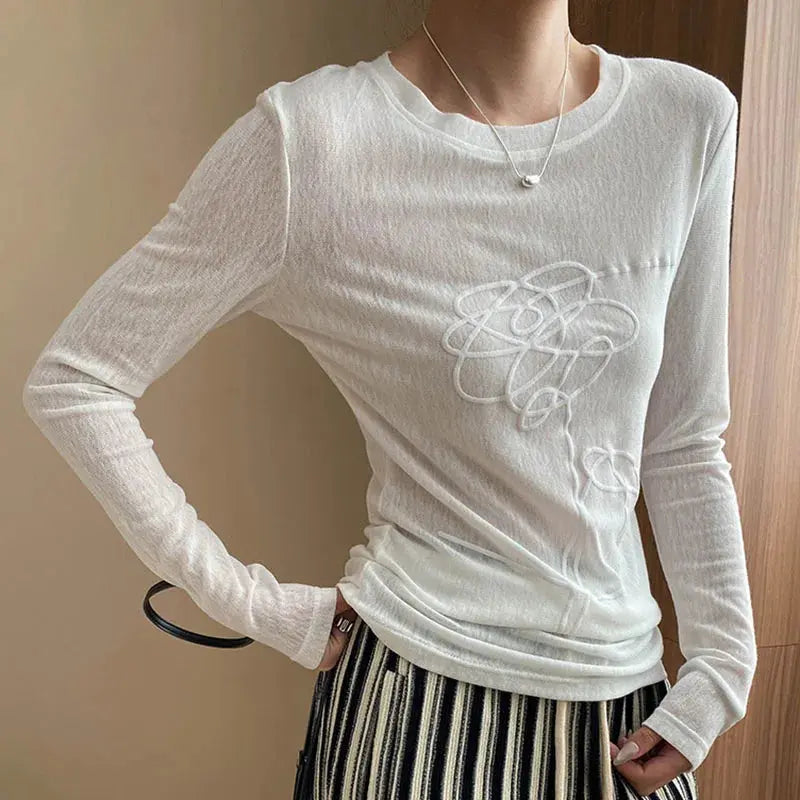 Women T-shirt Round Neck Three-dimensional Printed Pattern Slightly Transparent Solid Color Simple Versatile Long Sleeved Top Aurexia off