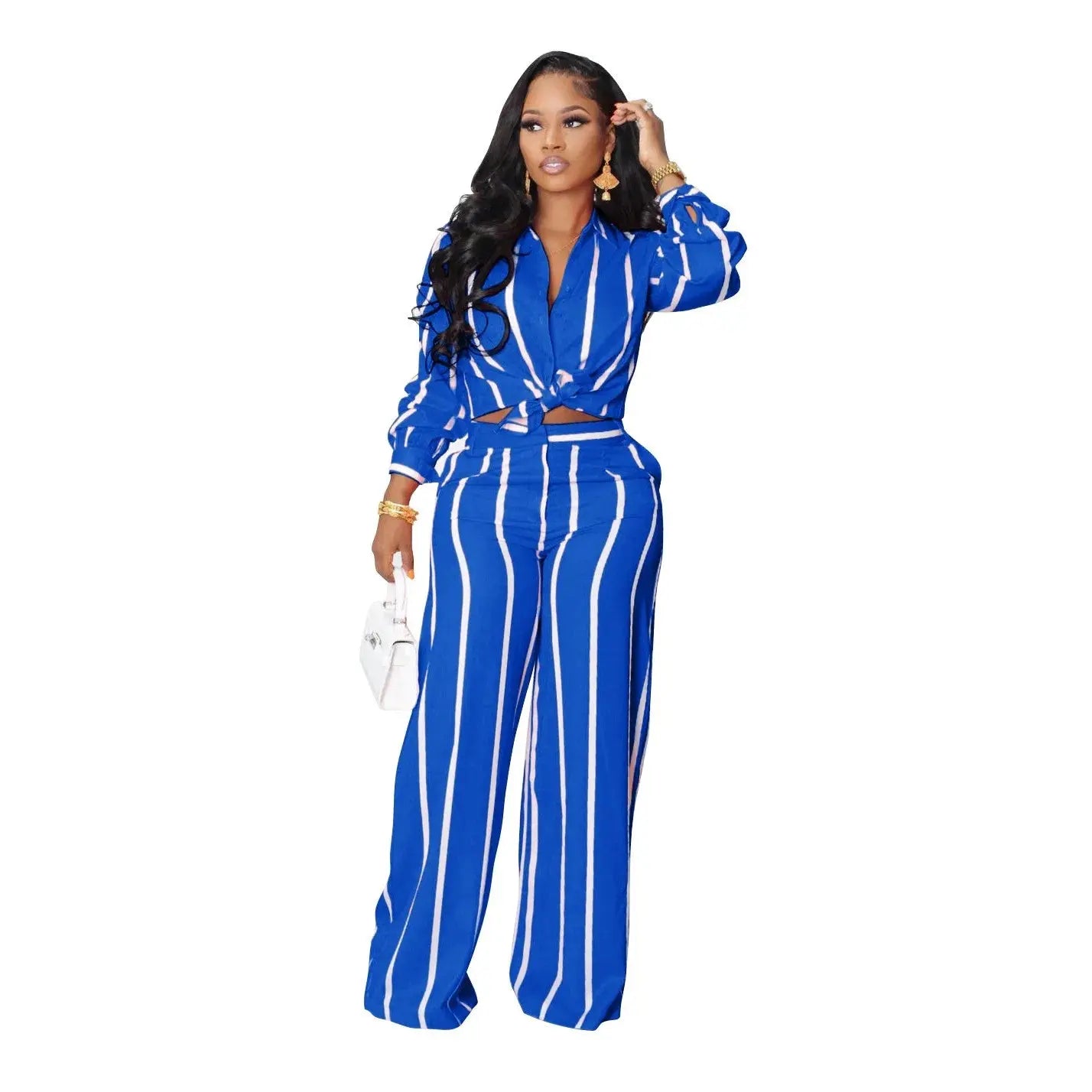 Women Outfit Two Piece Set Elegant Blouse Striped Print Long Sleeve Loose Fit Casual Summer Wear Female Clothing Sets Style Aurexia off