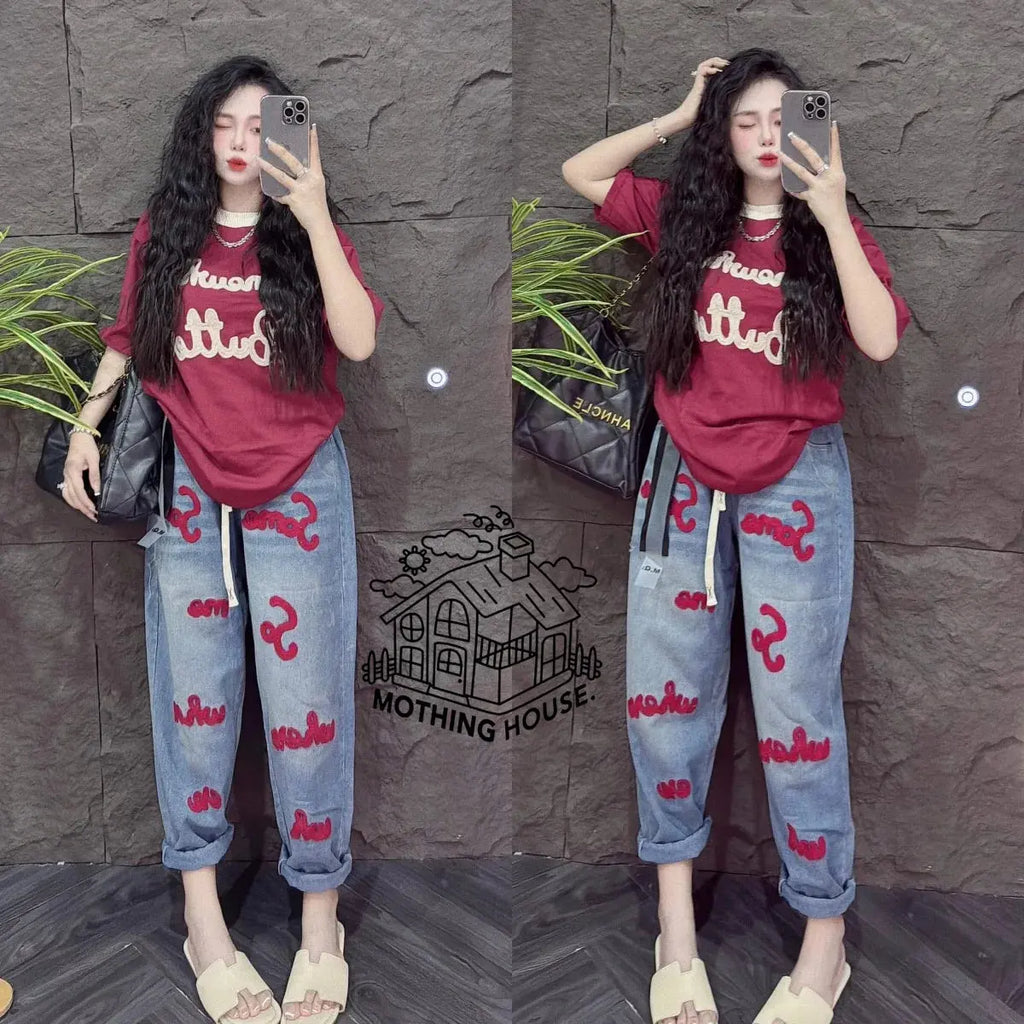 Retro Fashion Suit Women's Summer New Letter Printing Short-sleeved Milk Silk Wide-leg Pants Two-piece Set Aurexia off