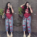 Retro Fashion Suit Women's Summer New Letter Printing Short-sleeved Milk Silk Wide-leg Pants Two-piece Set Aurexia off