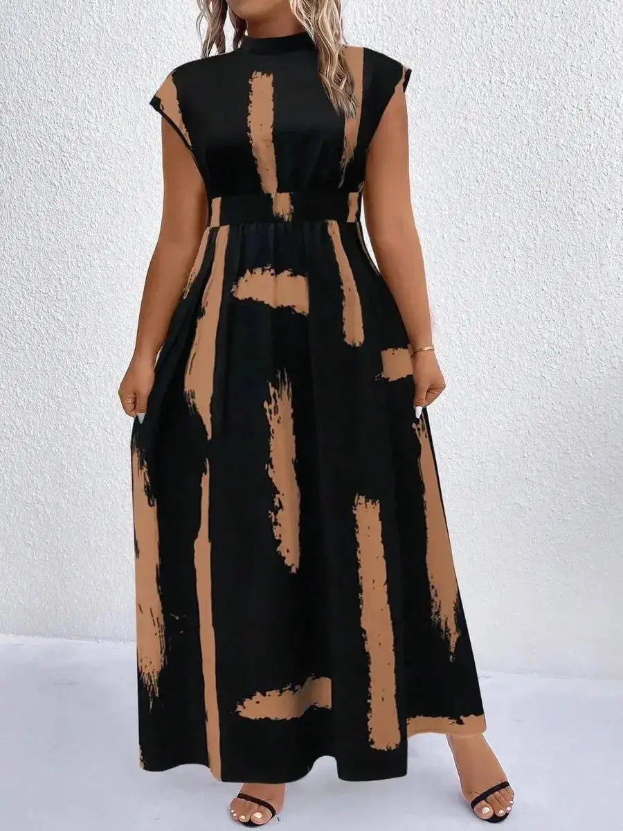 Black And Camel Abstract Print Mock Neck Maxi Dress For Women Aurexia off