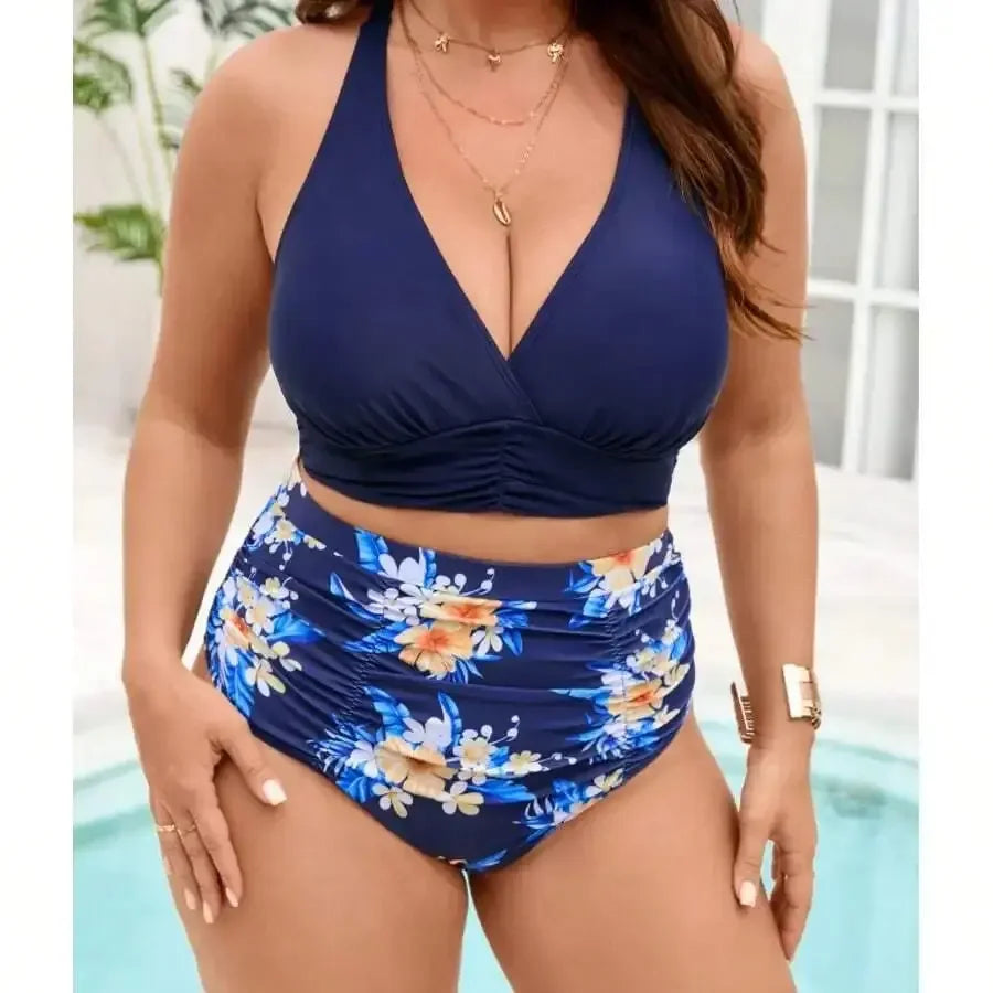 Plus Size V Neck Floral High Waisted Bikini Set Medium Stretch Fabric Aurexia off