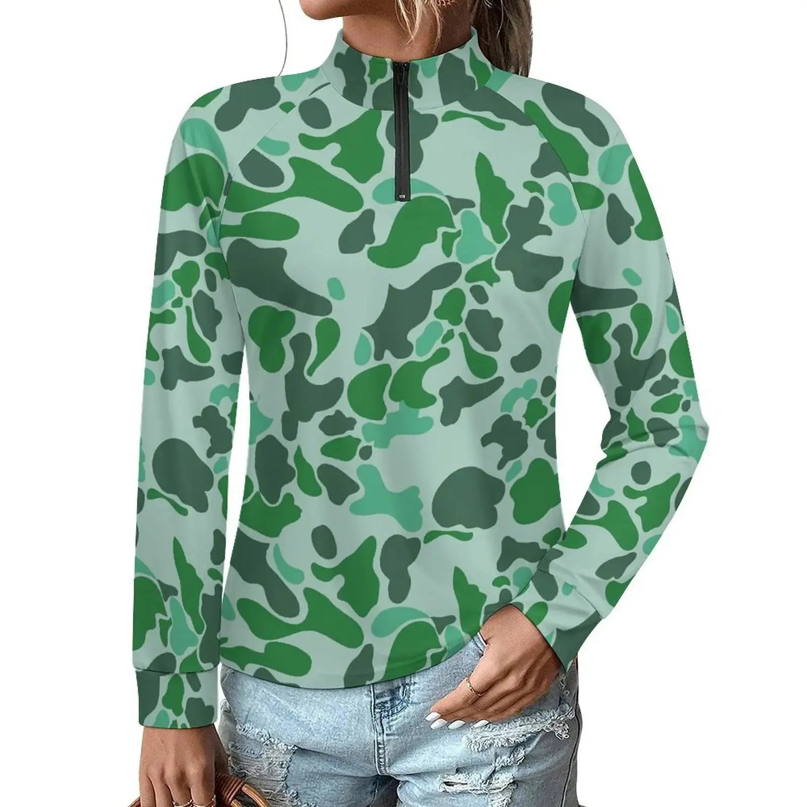 Hot Sale Custom Logo Fashion Ladies Form-fitting quick-drying clothes Snow Camo Print Zippered collar Long sleeves T-shirt Aurexia off