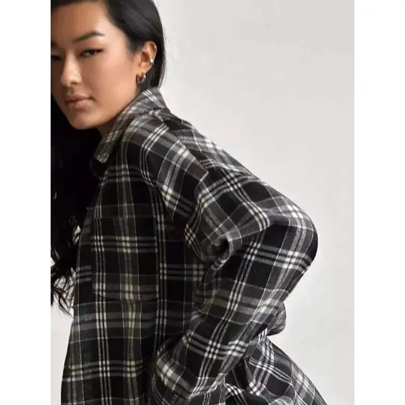 Women's Pink & Grey Plaid Flannel Shirt Button Down, Long Sleeve, Casual Streetwear Blouse for Layering Aurexia off