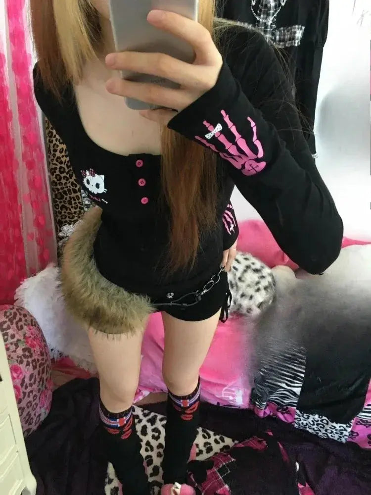 Y2K Vintage Cartoon Print T-Shirt Women 2025, Punk Streetwear Harajuku Bodycon Tee for Autumn Aurexia off