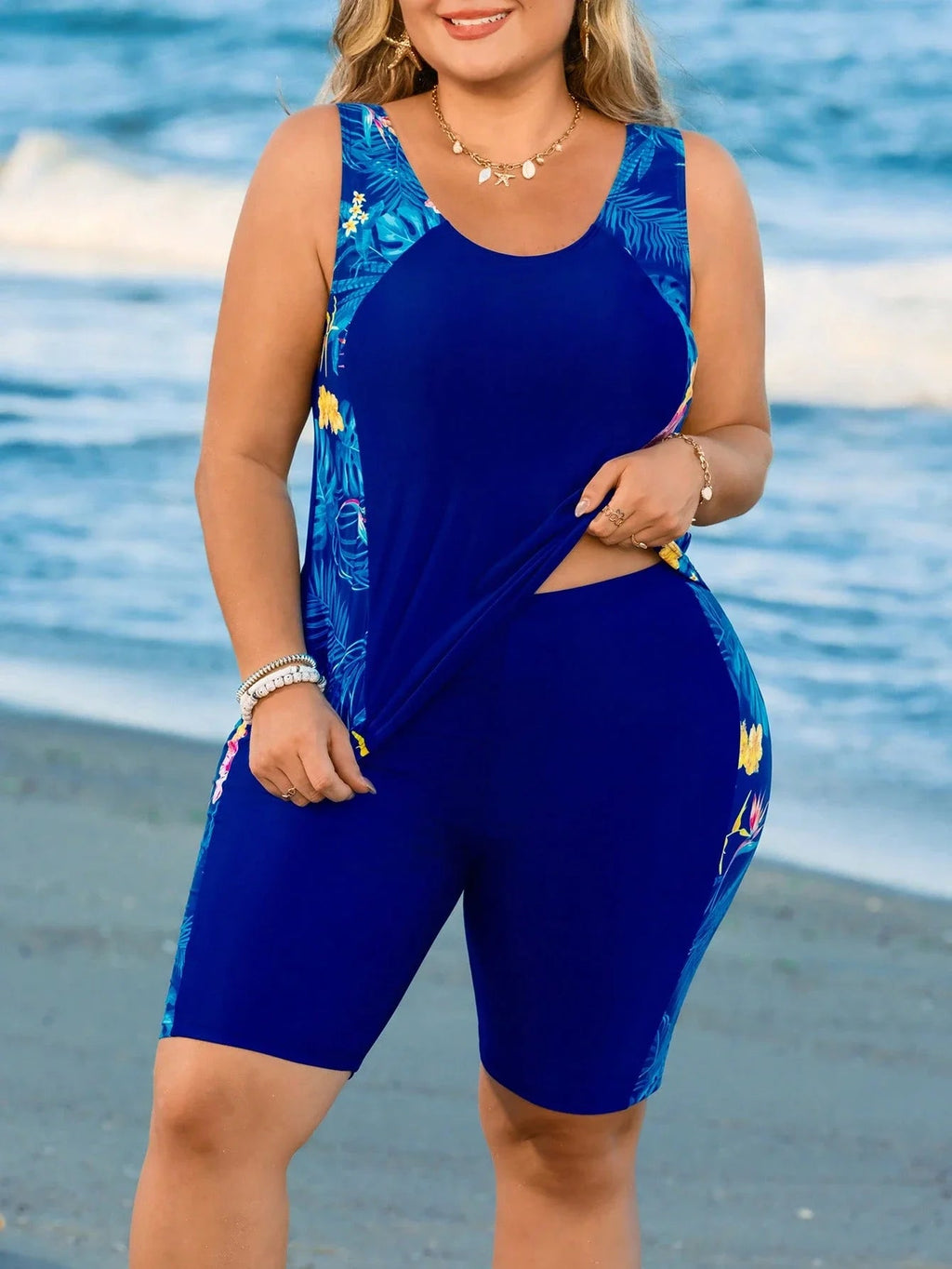 Curvy Women's Two-Piece Blue Swimsuit With Tummy Control Crop Top For Beach, Pool And Summer Activities Aurexia off