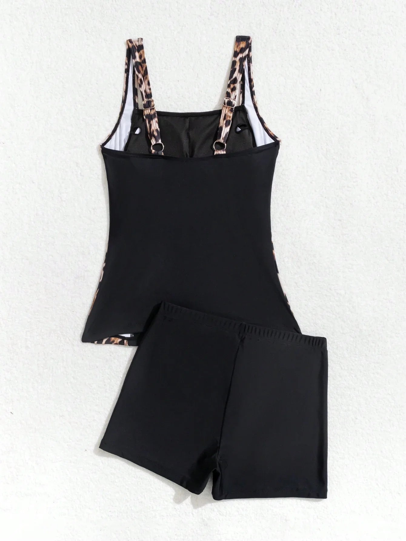 Leopard Print Tankini Top And Shorts Set Women Solid Black Sleeveless Ruched Swimwear For Beach Vacation Aurexia off