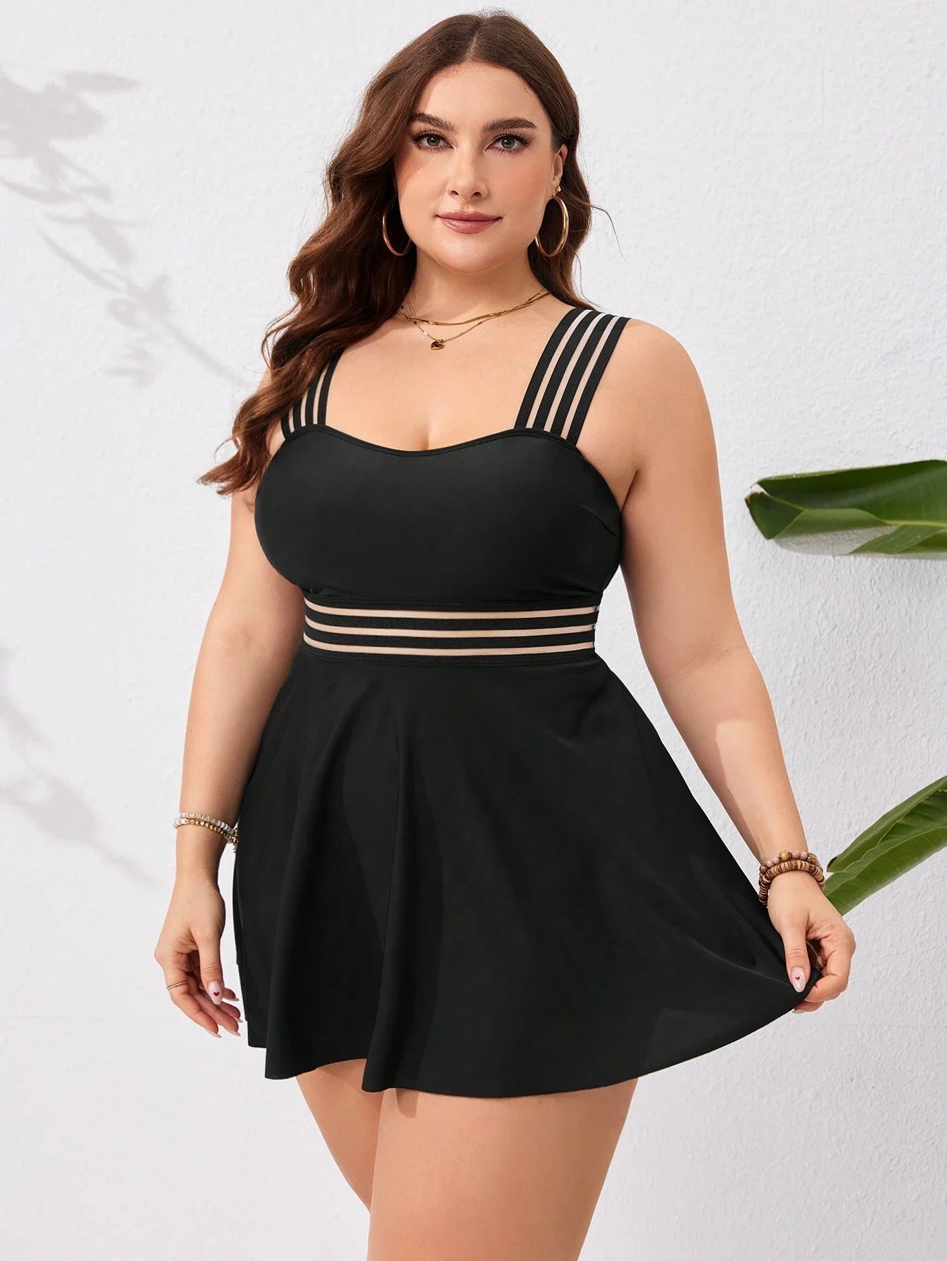 Black Plus Size Flirty Skirted Swimsuit Featuring Sheer Horizontal Stripes For Summer Beach Getaway Aurexia off