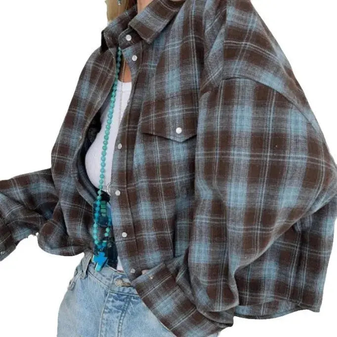 Women's Pink & Grey Plaid Flannel Shirt Button Down, Long Sleeve, Casual Streetwear Blouse for Layering Aurexia off
