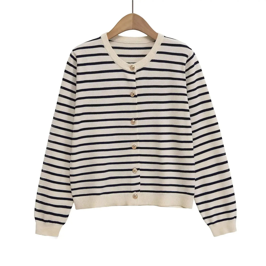 Withered 2026 Fashion New Product Striped Knitted Cardigan Versatile Round Neck Buckle Long Sleeve Coat Aurexia off