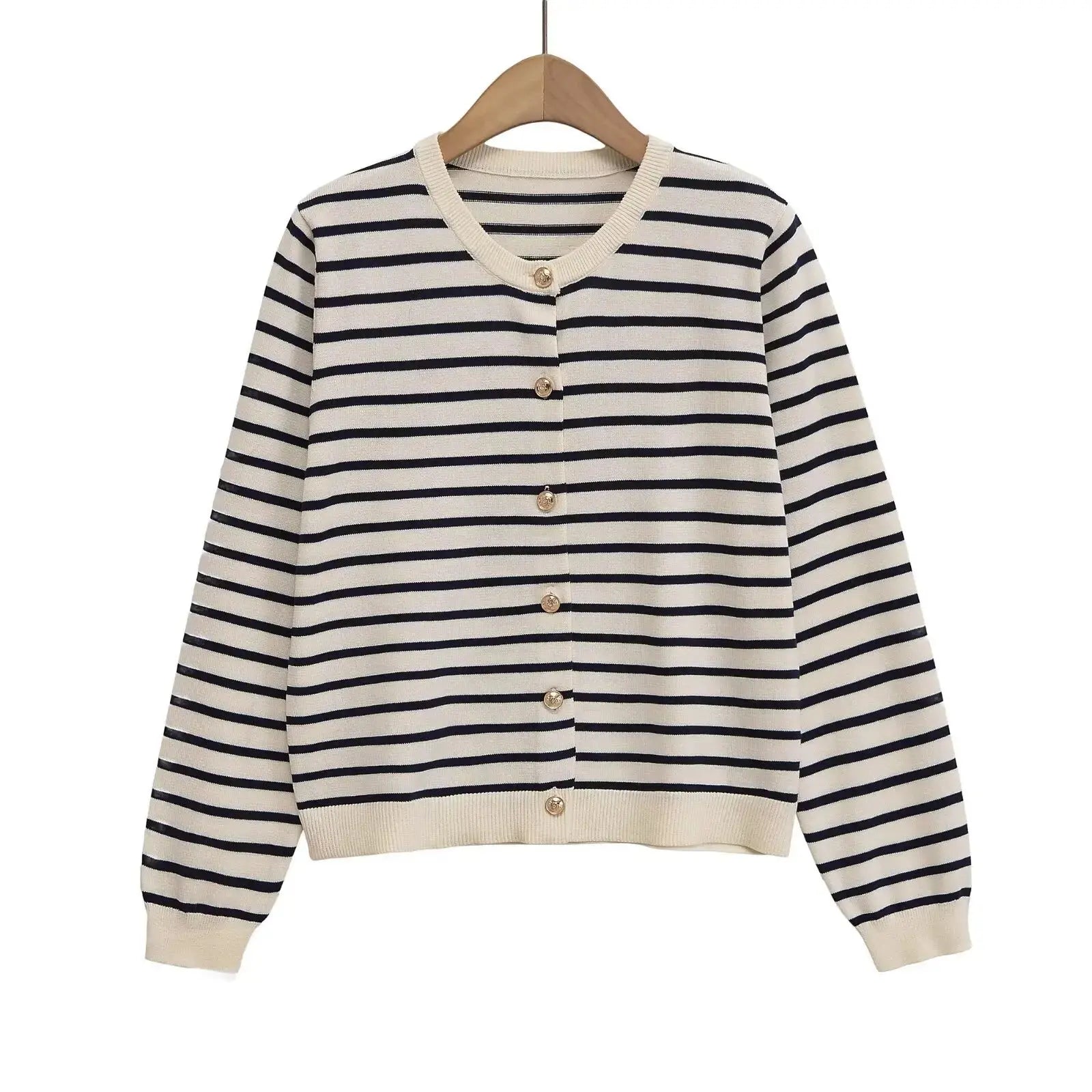 Withered 2026 Fashion New Product Striped Knitted Cardigan Versatile Round Neck Buckle Long Sleeve Coat Aurexia off