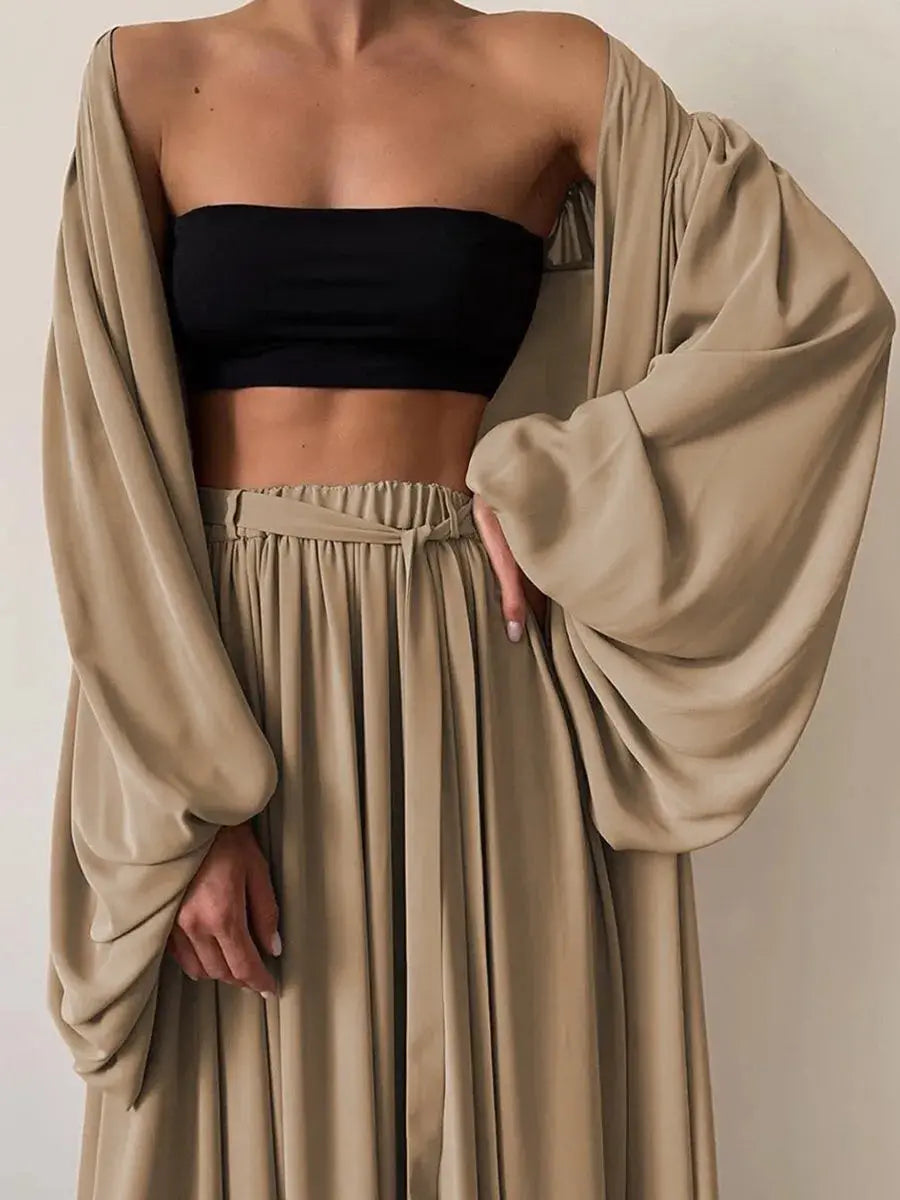 Summer Spring Women's Clothing Two Piece Set Long Sleeve Lantern Sleeve Solid Color Outfit Women's Suit Polyester Streetwear Aurexia off