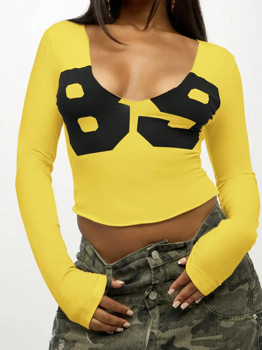 Women Long Sleeve Crop Top Graphic Print V Neck Fitted Cotton Casual Tee Aurexia off