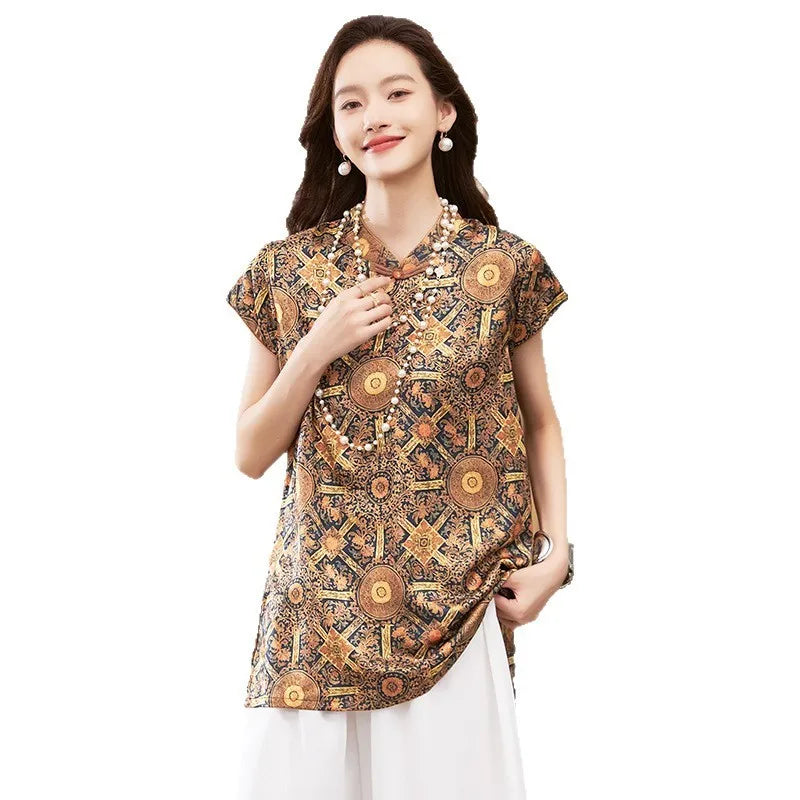 Women's Blouse Short Sleeve Round Neck Top Mandarin Collar Tunic Geometric Print Loose Fit Mid Length Gold Brown Shirt Aurexia off