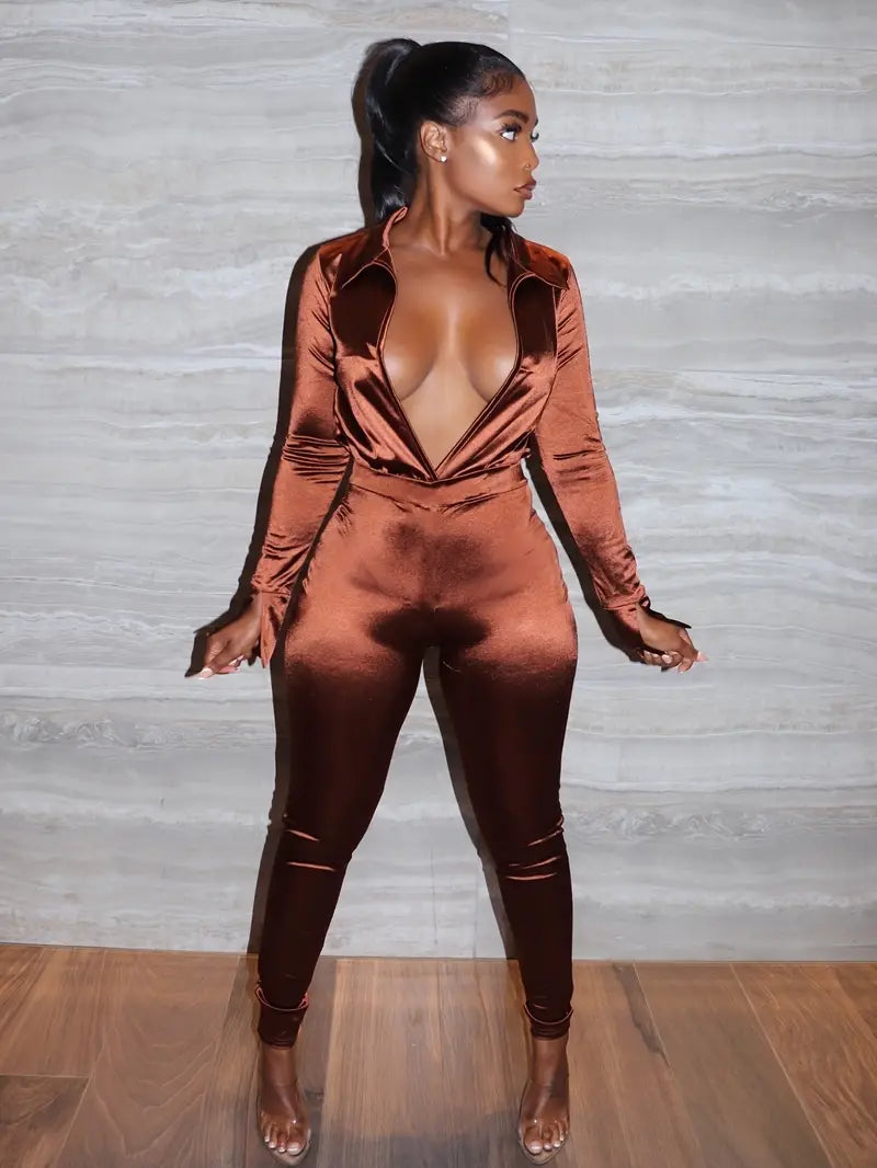 Deep V Neck Long Sleeve Jumpsuit & Casual Pants Set Aurexia off