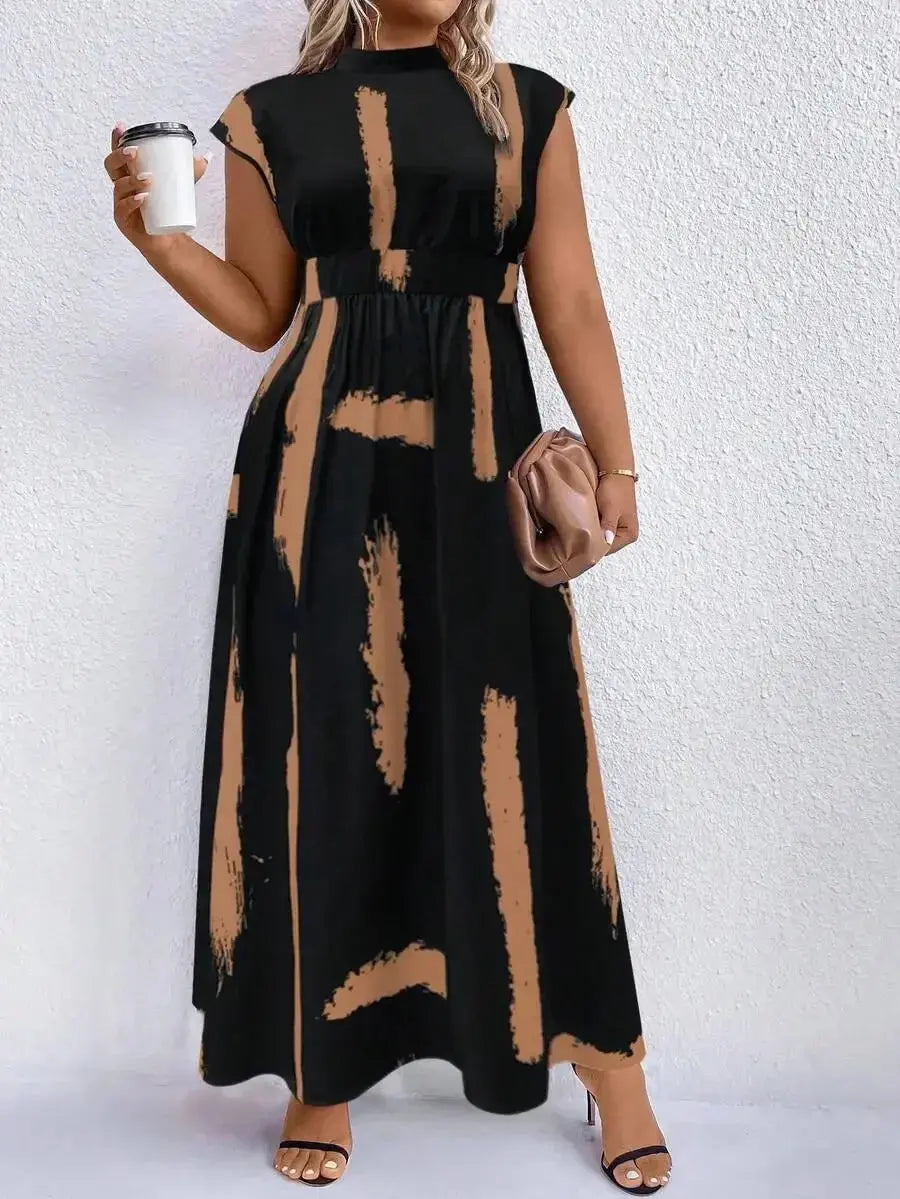 Black And Camel Abstract Print Mock Neck Maxi Dress For Women Aurexia off