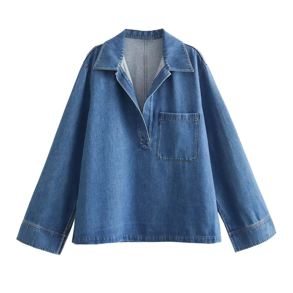 Pullover Collar Pocket Shirt Denim Set Drawstring Casual Pants Jeans Set Light Soft Jean Outfit Women Relaxed Fit Denim Outfit Aurexia off