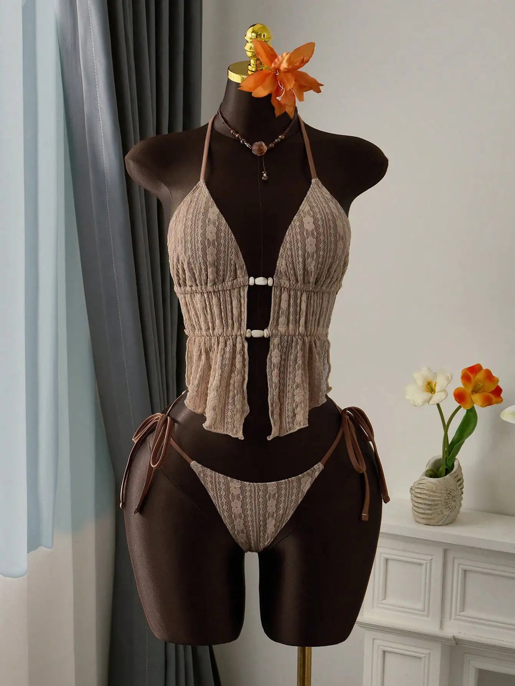 Cream Lace Halter Neck Tankini Set With Beaded Detail And Tie Side Bottoms Aurexia off