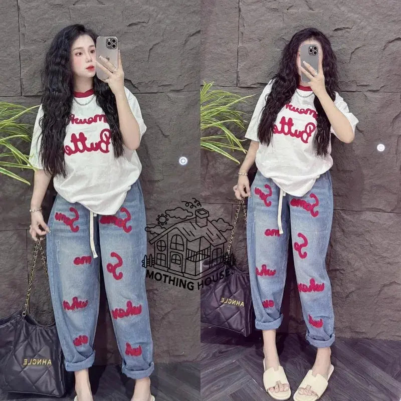 Retro Fashion Suit Women's Summer New Letter Printing Short-sleeved Milk Silk Wide-leg Pants Two-piece Set Aurexia off