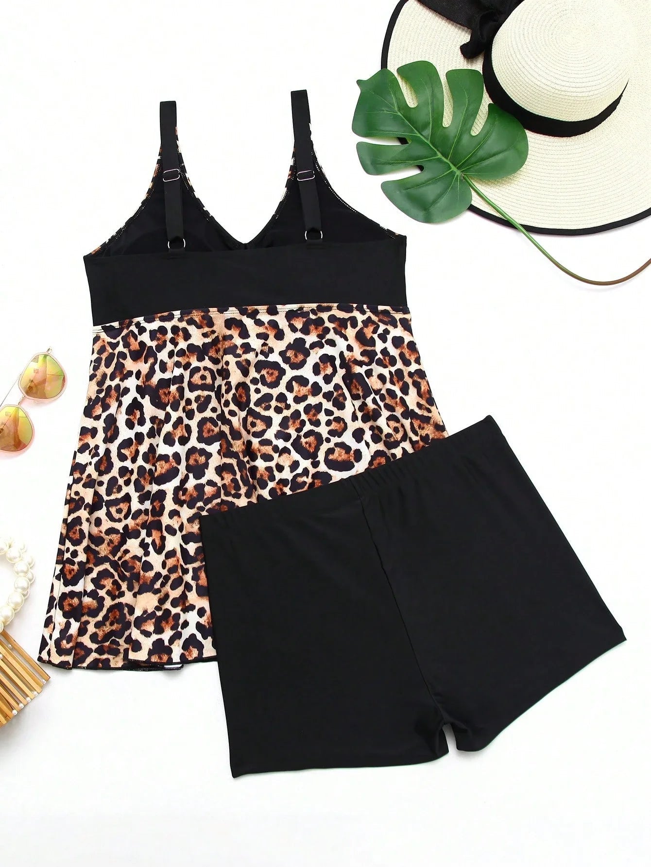Women's Leopard Print Black Skirt Style Two Piece Swimwear Deep V Neck Plus Size Tankini Aurexia off