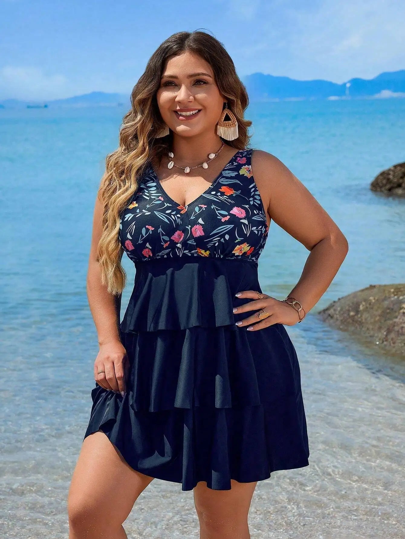 Plus Size Women Floral Print Sleeveless Tankini Swimsuit For Beach Vacation Aurexia off