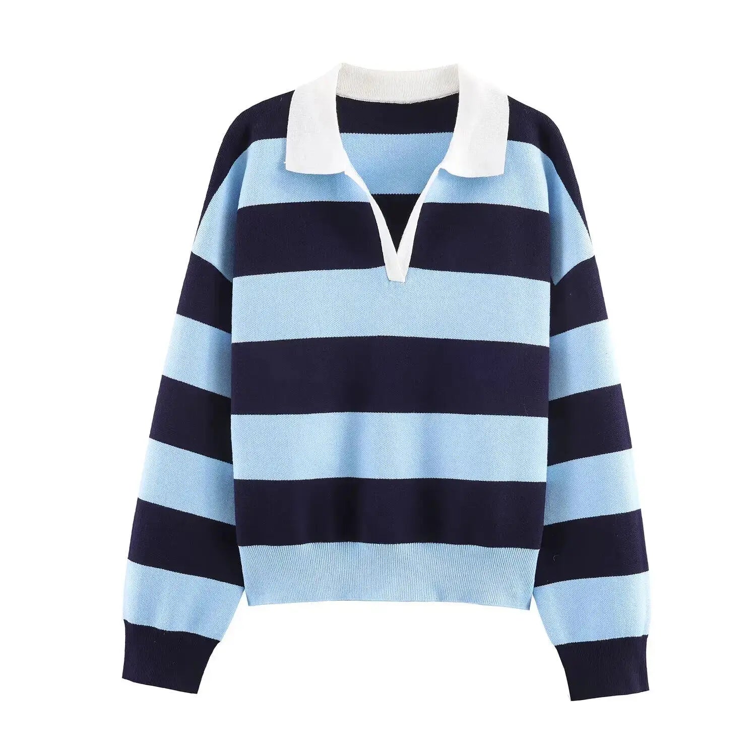 2026 Autumn New Women's Loose Long Sleeve Sweater Solid Color & Bold Stripe Lapel Top Street Fashion Long Sleeve Pullover Aurexia off