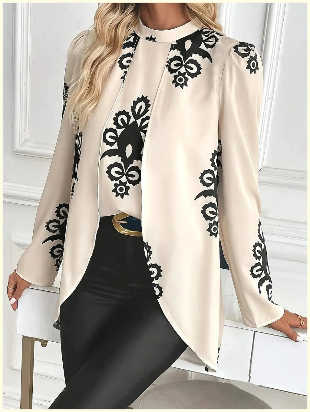 2026 Fashion Women's Long Sleeve Print Blouse, Elegant Office Top with Fake Two-Piece Design Aurexia off