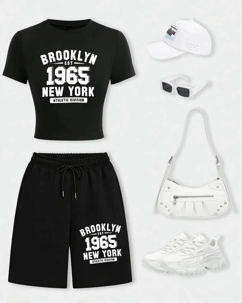 New York City Brooklyn 1965 Print Woman T-Shirt Suits Slim Cotton Crop T Shirt Summer Wide-Leg Shorts Drawstring Pocket Pant Aurexia off