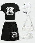 New York City Brooklyn 1965 Print Woman T-Shirt Suits Slim Cotton Crop T Shirt Summer Wide-Leg Shorts Drawstring Pocket Pant Aurexia off