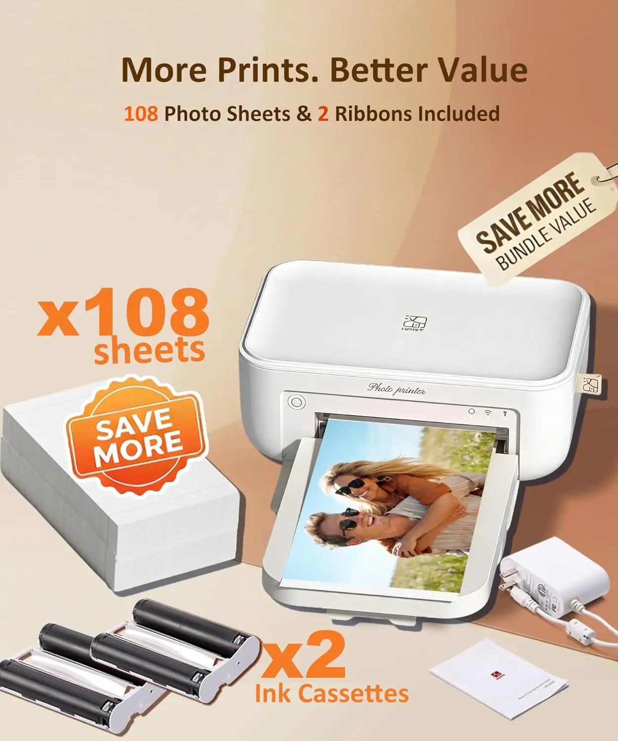 4x6 Photo Printer with Wi-Fi, Full-Color Thermal Dye Sublimation, Portable for iPhone/Android, AR Video App, Home Use in White Aurexia off