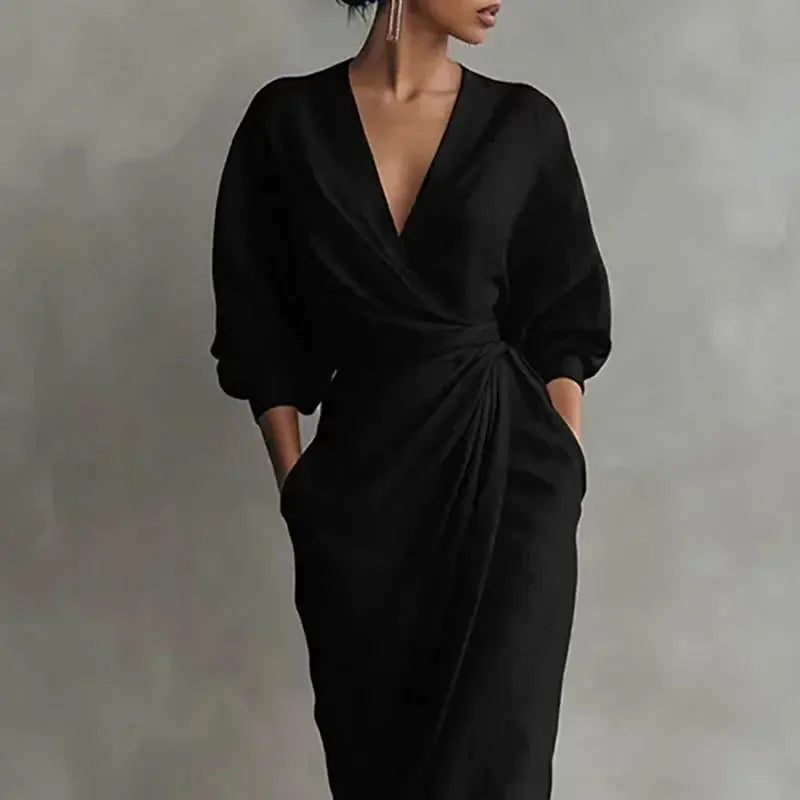 Women's Sexy V Neck Wrap Waist Long Dresses 2026 Spring Casual Solid Slim Bodycon Hips Dress Elegant Long Sleeve Slit Maxi Dress Aurexia off
