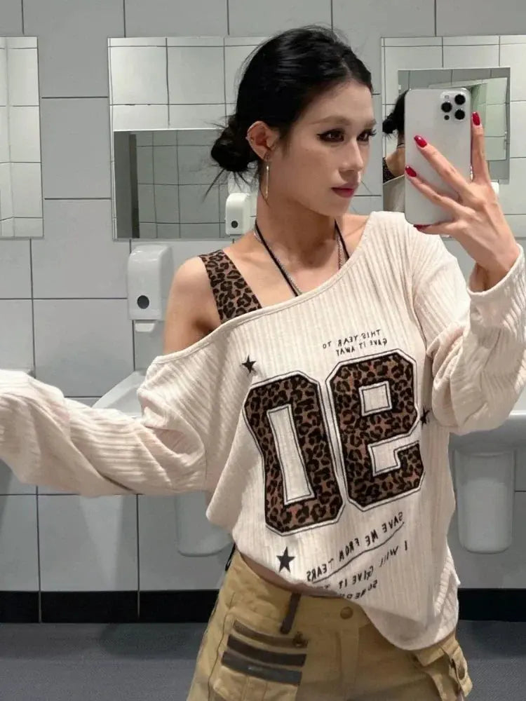 Y2K Patchwork Leopard Print T-Shirt Women Loose Streetwear Tee Grunge Casual Top Aurexia off