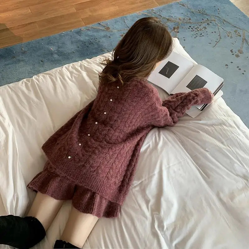 PremiumKoreanWinterStyle Set Thick Textured Knit Set Cozy Oversized Pullover Set Fashionable Pleated MiniSkirt Outfit Aurexia off