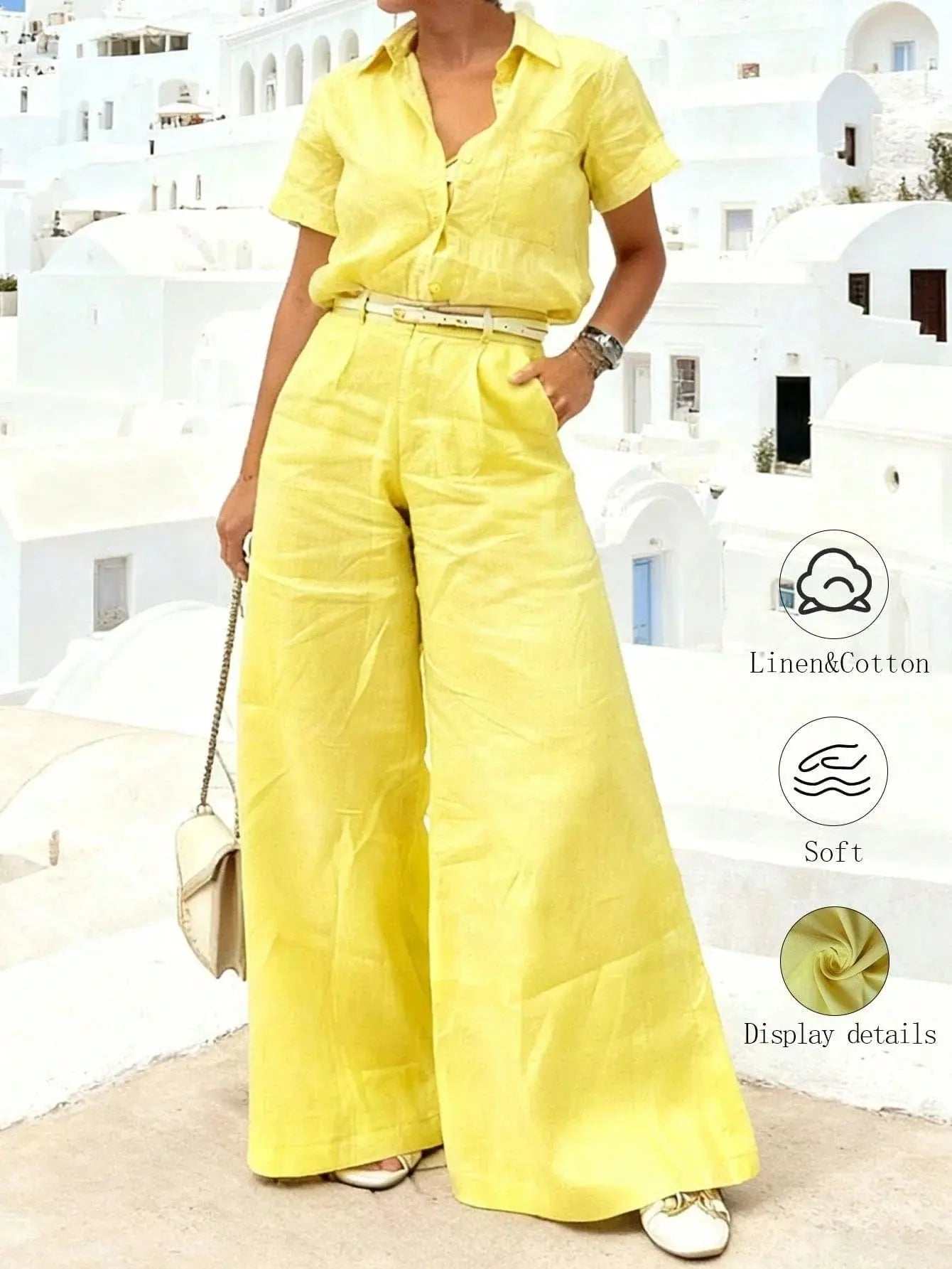 Women's Yellow Collared Short-Sleeve Two-Piece Set - Button-Front Wide-Leg Pants With Belt For Coastal Vacation Aurexia off