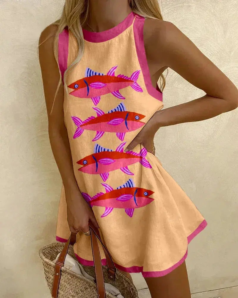 Women's Pineapple Print Sleeveless Dress - Casual Beach Vacation Party Dress for Summer Aurexia off