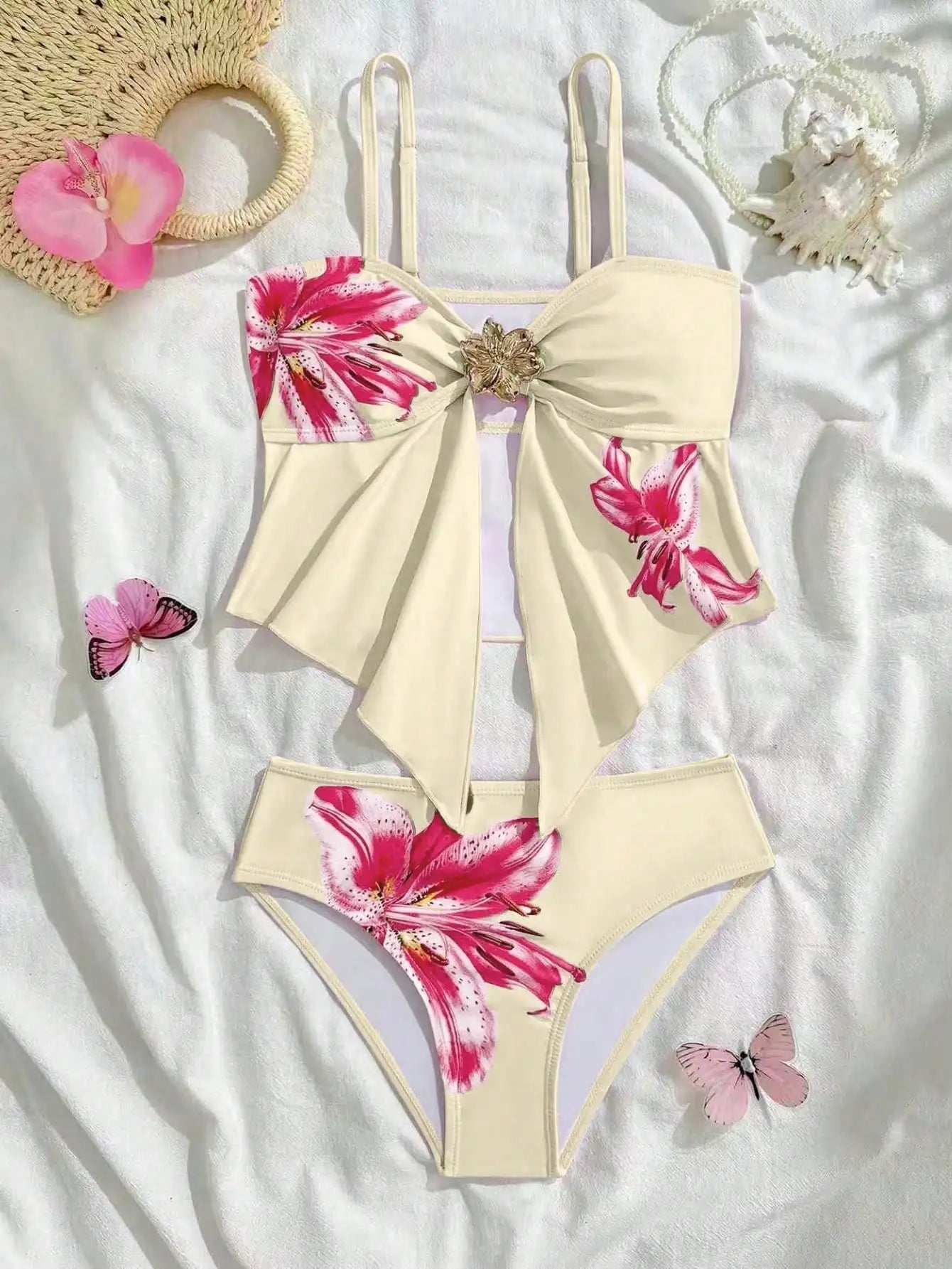 Pink Floral Print Bikini Set With Bow Detail Women's Two Piece Swimsuit For Beach And Pool Aurexia off