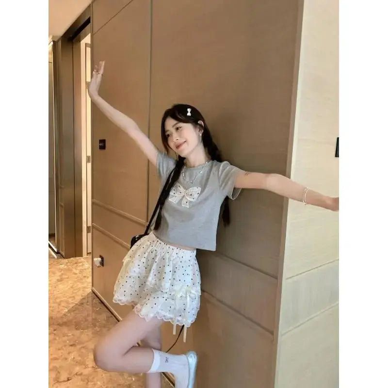 Womens Suit Fashion 2 Piece Set Short Sleeve T Shirt And High Waist Cake Skirt Lace Polka Dot Women Summer Bow Grey Casual Sweet Aurexia off
