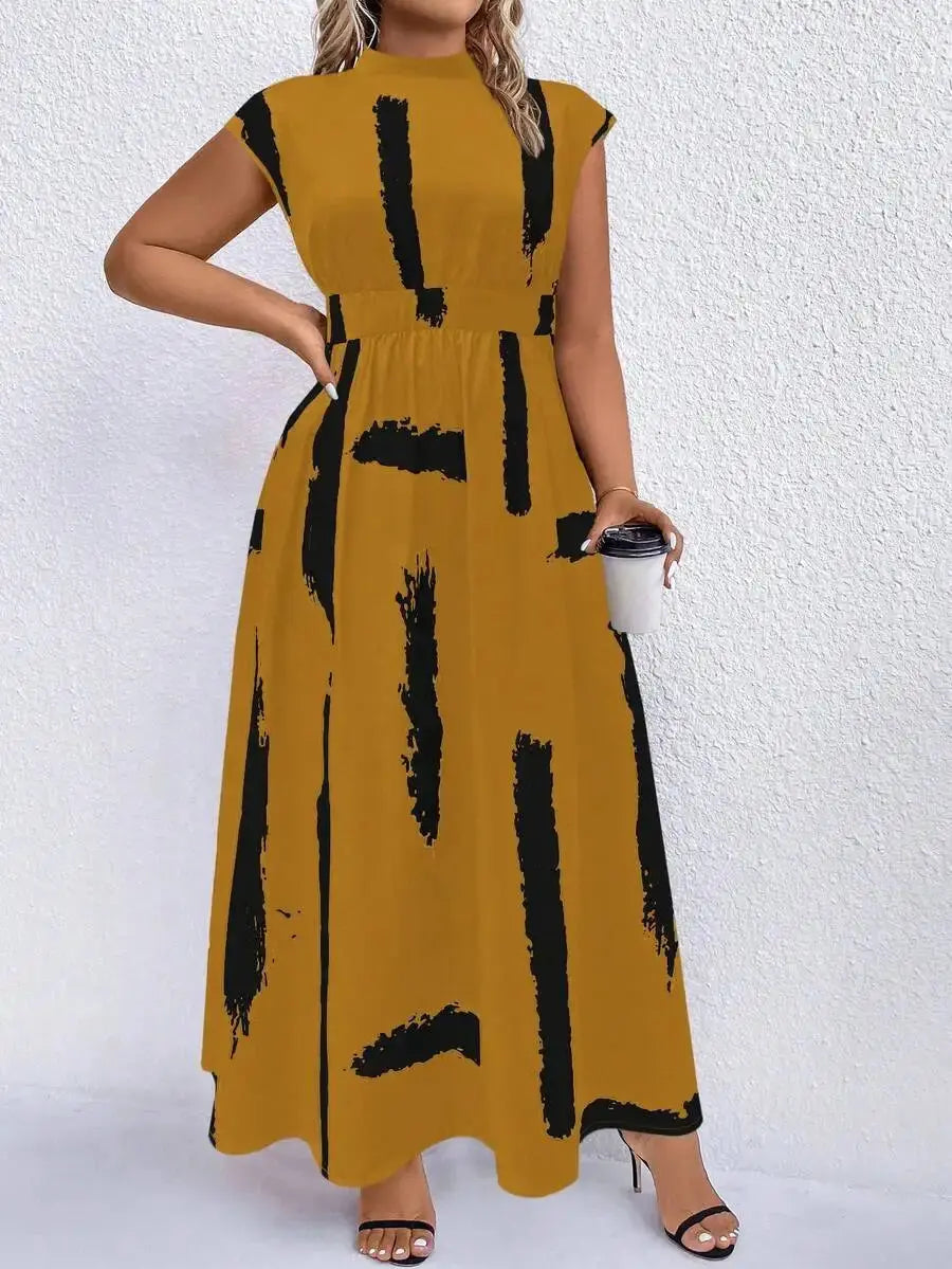 Black And Camel Abstract Print Mock Neck Maxi Dress For Women Aurexia off