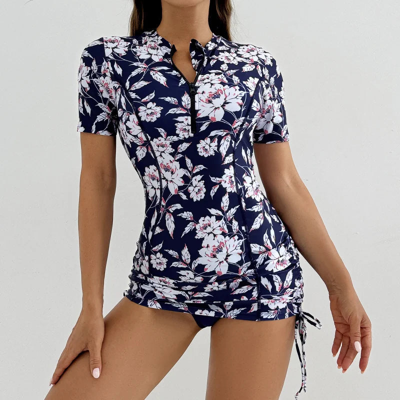 Women's Printed Zipper Design Conservative Sporty Two-Piece Tankini Swimsuit, Stylish Swimwear for Beach & Pool Aurexia off