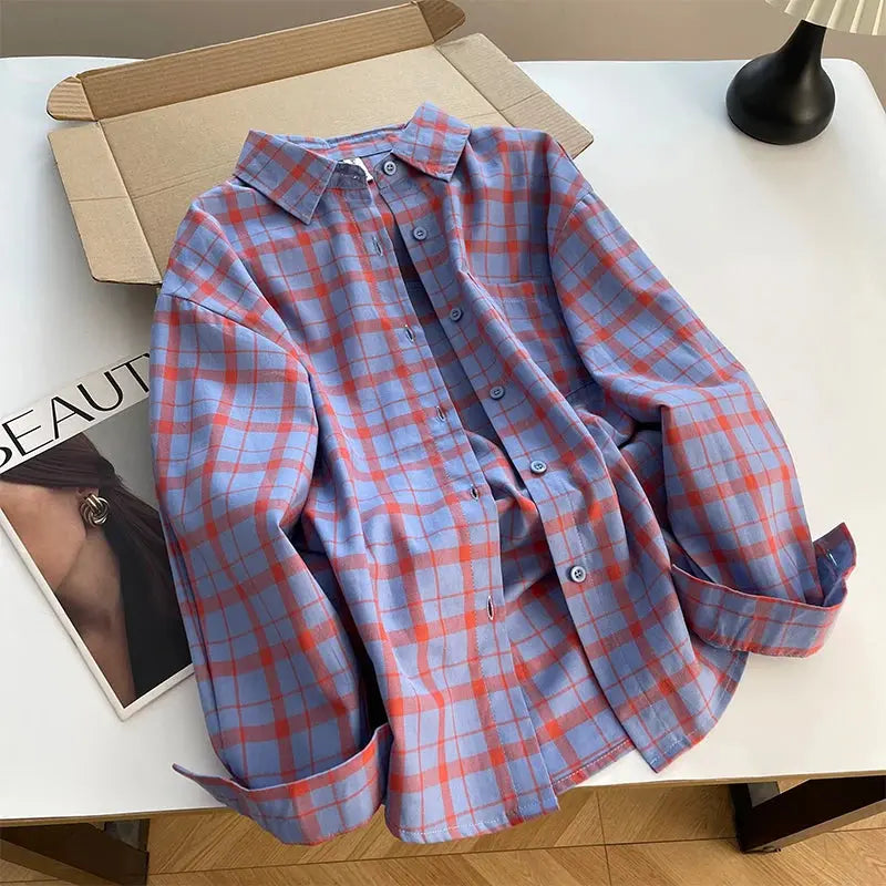Korean-style Women's Pure Cotton Spring Long-sleeve Plaid Shirt Trendy Fashion Loose Casual College-style Shirt Aurexia off