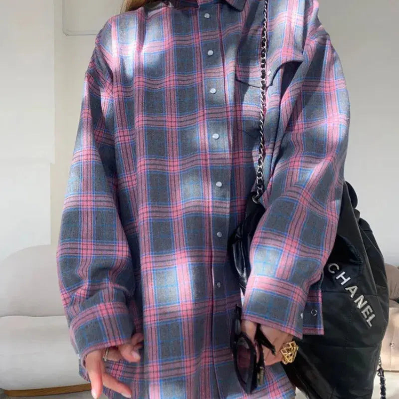 Women's Pink & Grey Plaid Flannel Shirt Button Down, Long Sleeve, Casual Streetwear Blouse for Layering Aurexia off