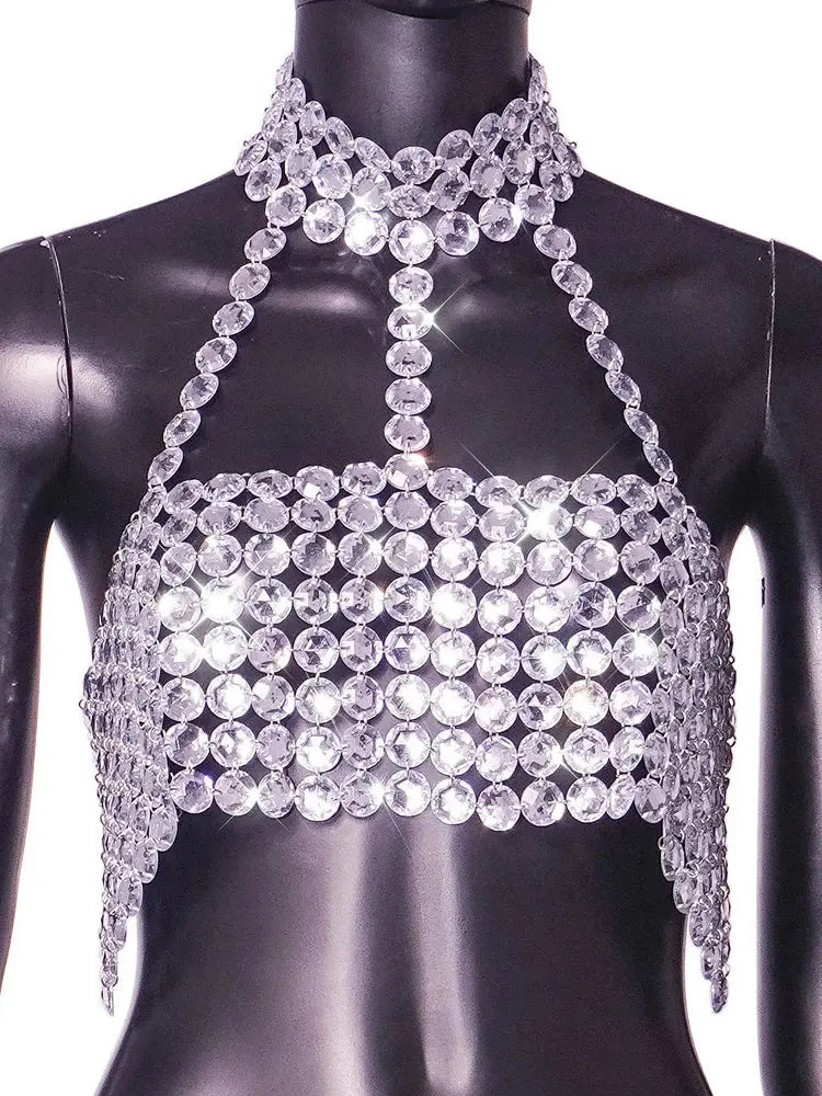 Beyprern Silver Halter Tank Top Glitter Diamonds Bustier Tops Gorgeous Backless Metal Sequin Crop Top Club Vest Festival Outfits Aurexia off