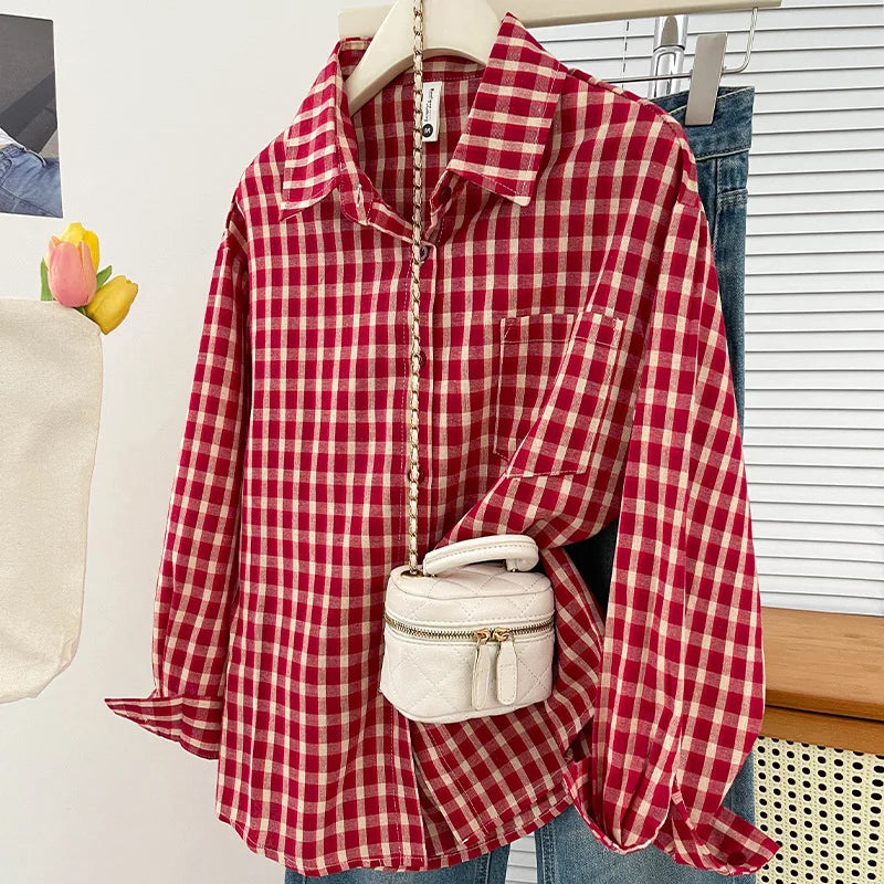 Korean-style Vintage Plaid Shirt New Spring And Autumn Casual Versatile Top Loose And Slimming Versatile College-style Shirt Aurexia off