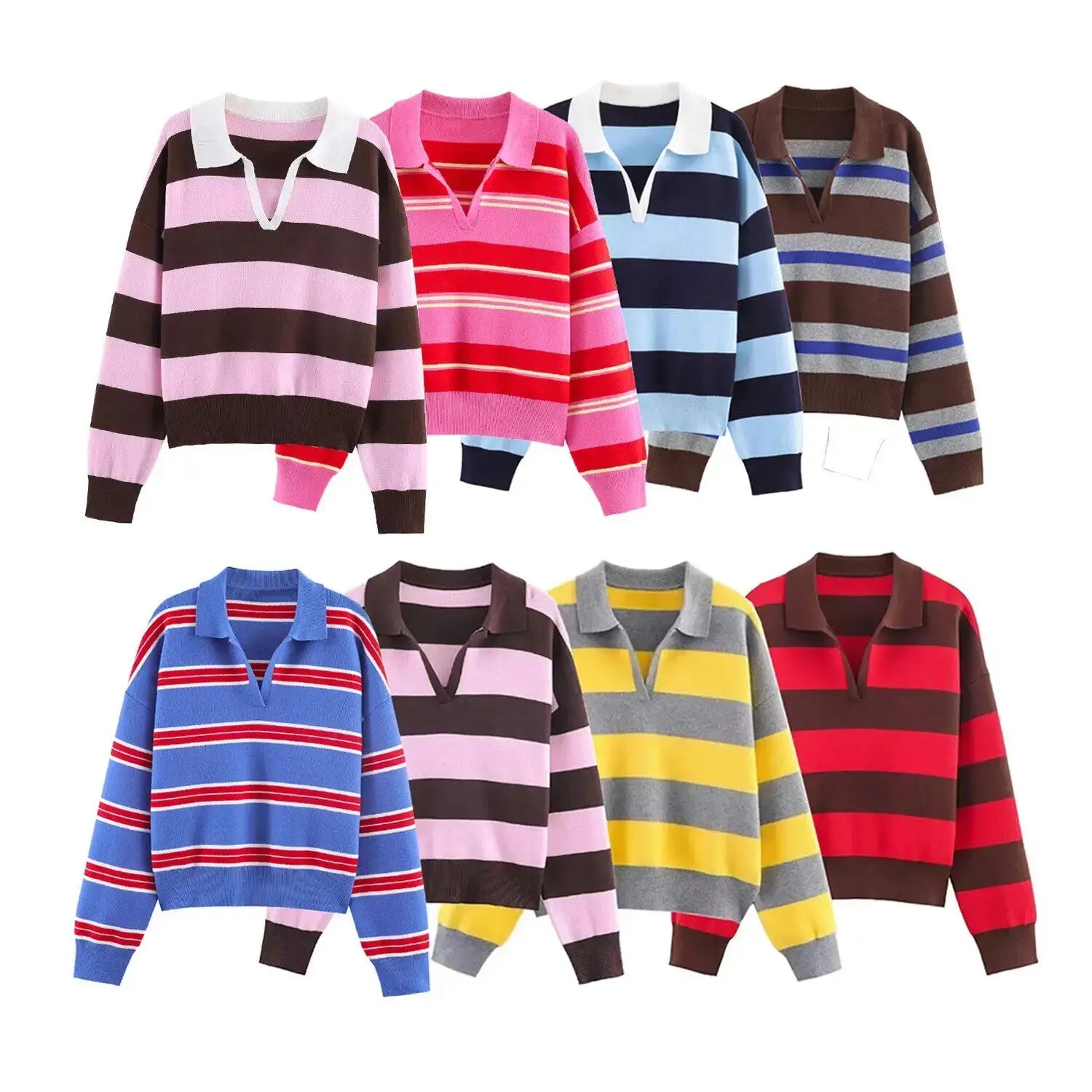 2026 Autumn New Women's Loose Long Sleeve Sweater Solid Color & Bold Stripe Lapel Top Street Fashion Long Sleeve Pullover Aurexia off