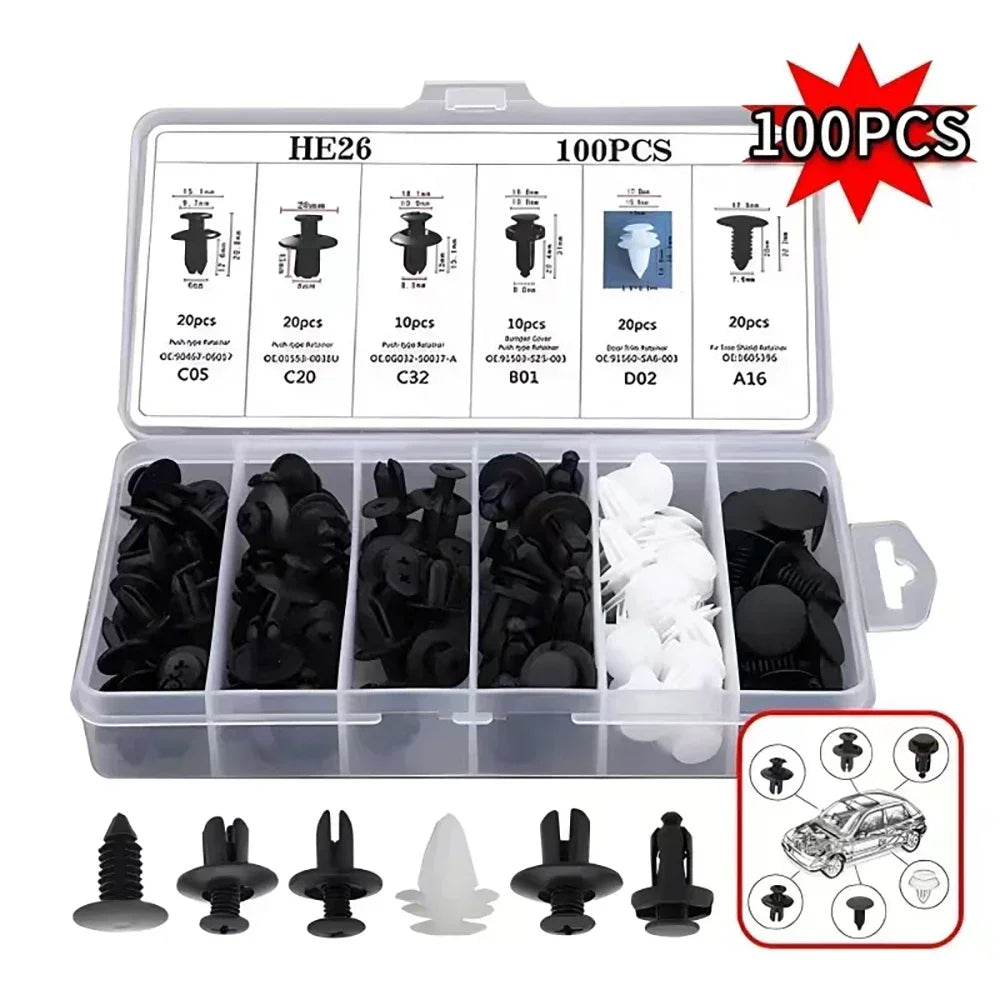 100/50 PCS Auto Fastener Clips Kit  - Multi-Size  Retainers for Car Fender, Bumper, Door & Panel Trim Aurexia off