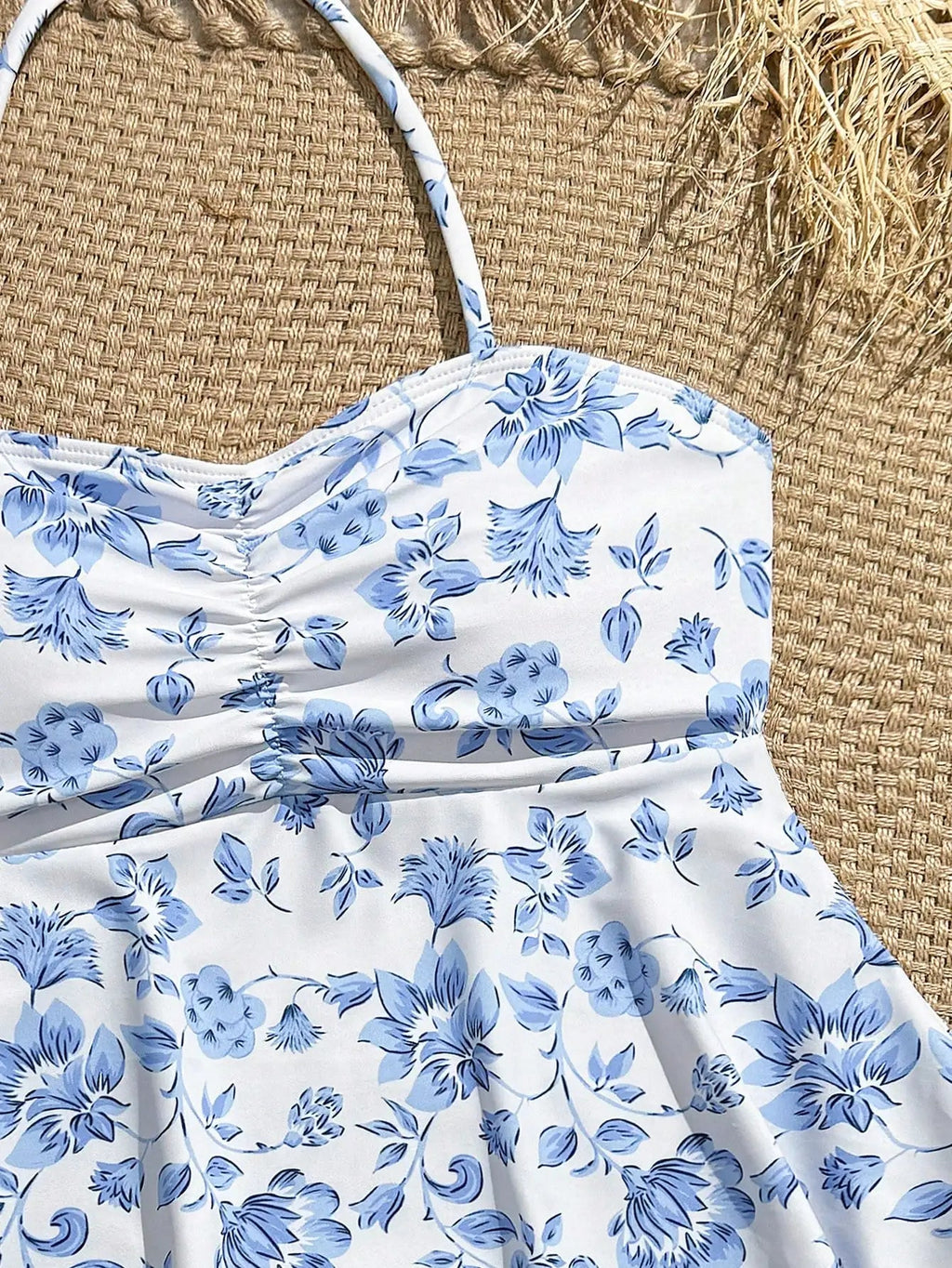 Blue Floral Tankini Set With Halter Neck And Ruffle Hem For Women Aurexia off