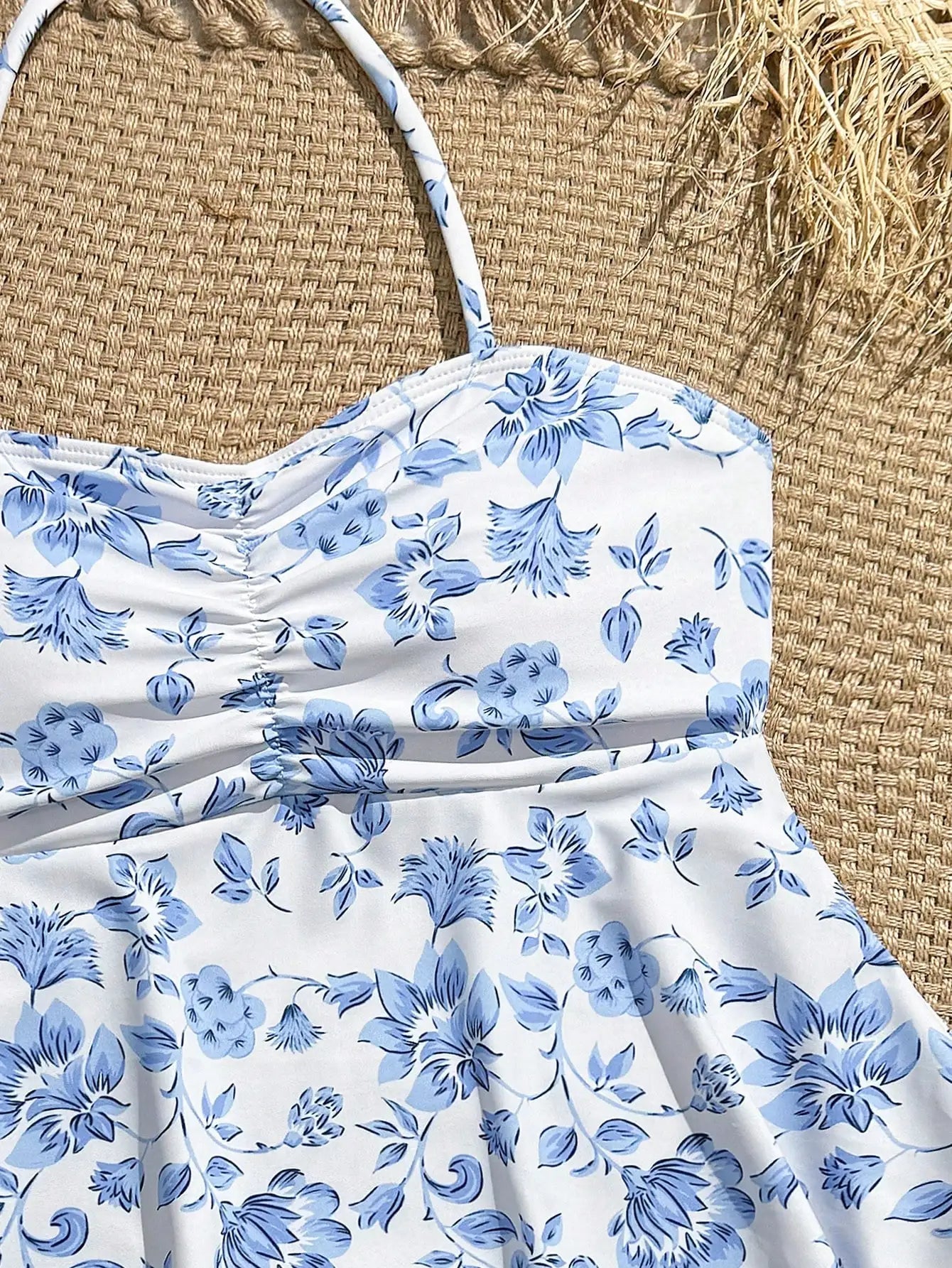 Blue Floral Tankini Set With Halter Neck And Ruffle Hem For Women Aurexia off