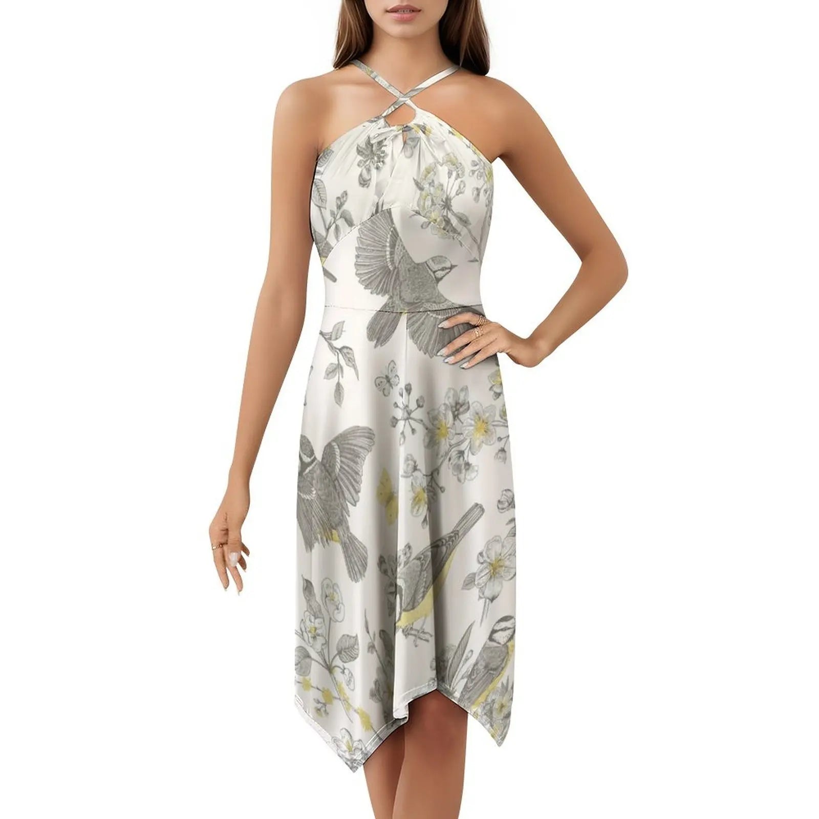 Vintage Yellow Grey Toile Birds French Country Women's Elegant Party Dress A-Line Dress With Short/Long/Sleeveless Options Aurexia off