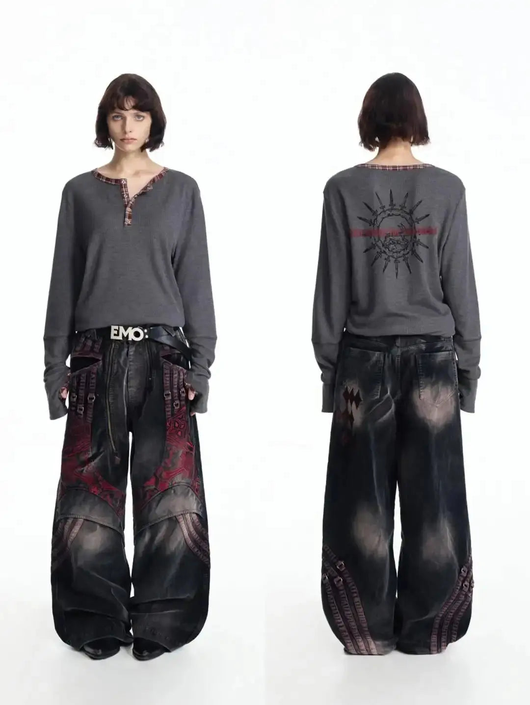 Gothic waffle long-sleeved henley shirt with checkered edging and back print T-shirt, Y2K street style Aurexia off