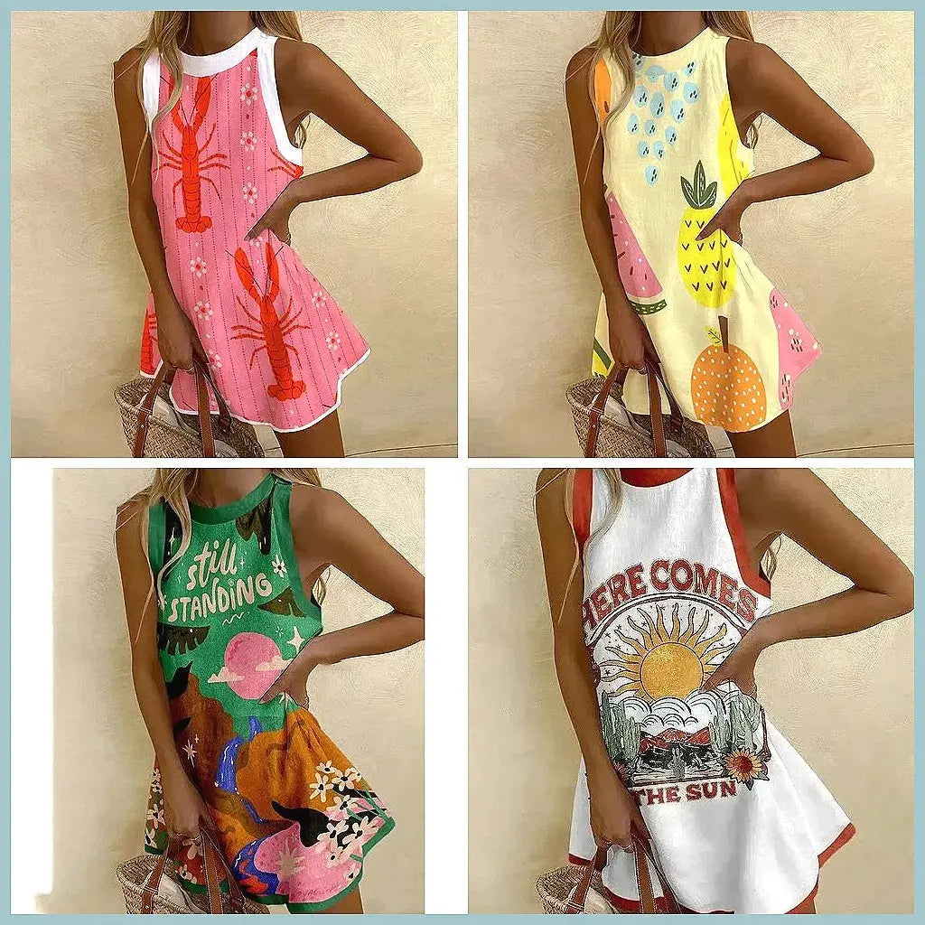 Women's Pineapple Print Sleeveless Dress - Casual Beach Vacation Party Dress for Summer Aurexia off